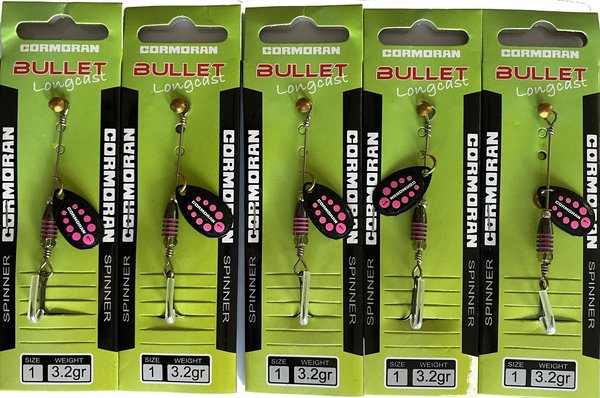 Cormoran Bullet Spinner Anti-Twist 5er Pack schwarz/pinke Punkte versch. Größen